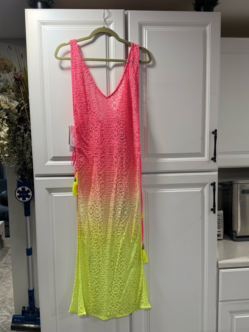 Pilyq Pink to Neon Yellow Ombre Crochet Swim Coverup